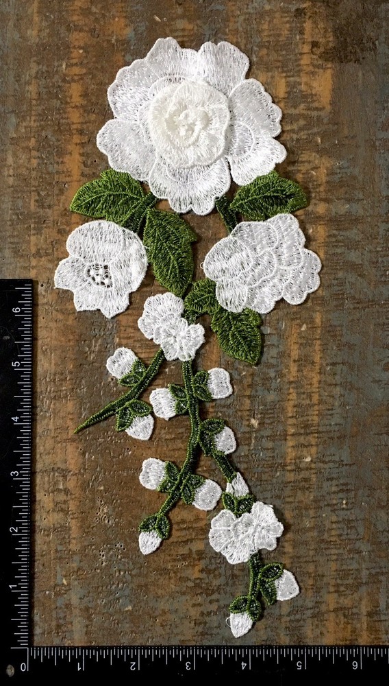 LONG STEM WHITE ROSE Flower Plant Floral Roses Buds Garden Applique Patch 12X5