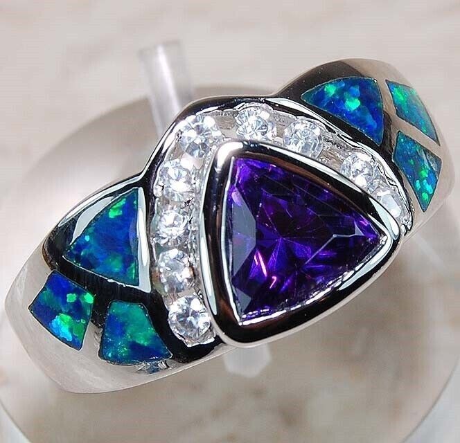 1CT Amethyst & Australian Opal Inlay 925 Sterling Silver Ring Sz 6 BA3