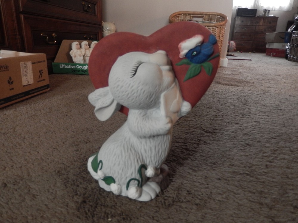 BISQUE CERAMIC BUNNY WITH VALENTINE CARD AND HEART  BLUEBIRD PARTIALLY PAINTED