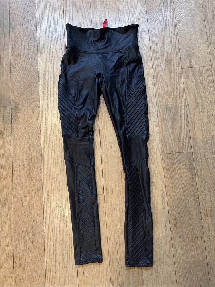 SPANX Leggings Womens Size XS Black Moto Faux Leather Pull On Shapewear