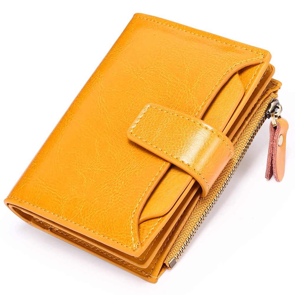 Slim RFID-Blocking Genuine Leather Womens Wallet with 14 Card Slots & 2 Zip Pockets