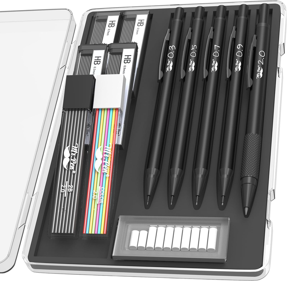 - Metal Mechanical Pencil Set with Lead and Eraser Refills, 5 Sizes, Black, 0.3,