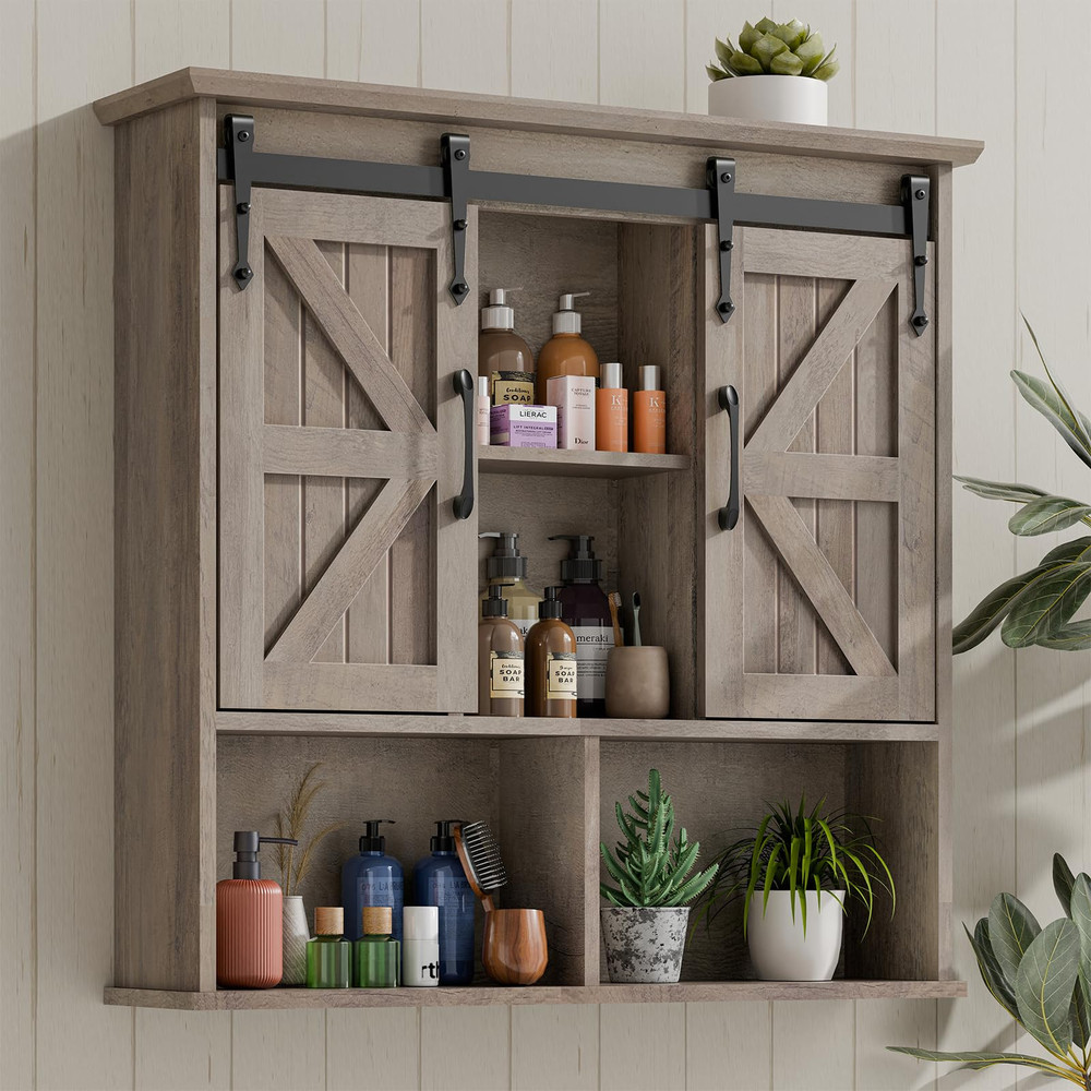Bathroom Wall Cabinet, Farmhouse Wooden Medicine Cabinet with Double Sliding ...