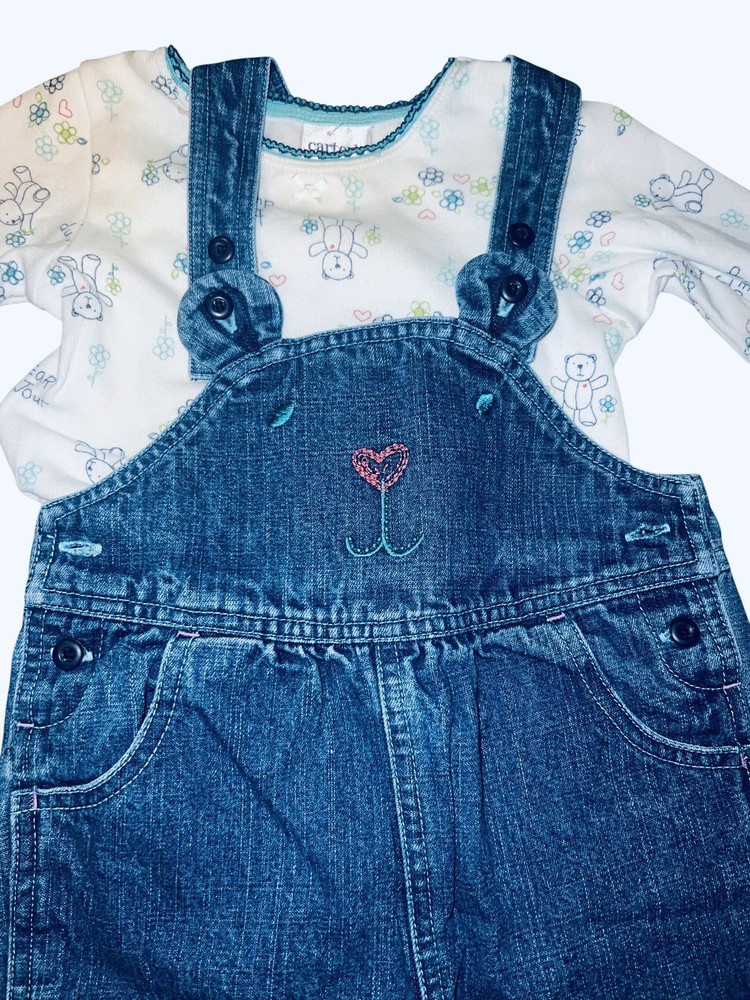 Carter's Girls Vintage Denim Overalls Bear Du Jour Heart Size 12-18M 2 Piece Set