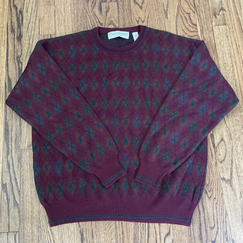 Vintage John Ashford Made In Italy Red Sweater XL wool blend diamond pattern