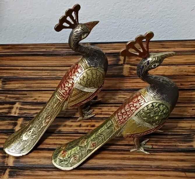 Vintage Brass Etched Painted Colored Peacocks 5.5 In x 6.75 In Lot Of 2
