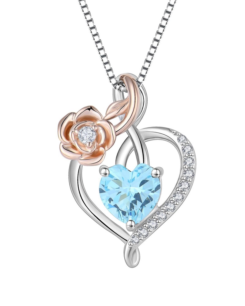 Sterling Silver Heart Necklace with Aquamarine Rose Flower Pendant and Twisted Design