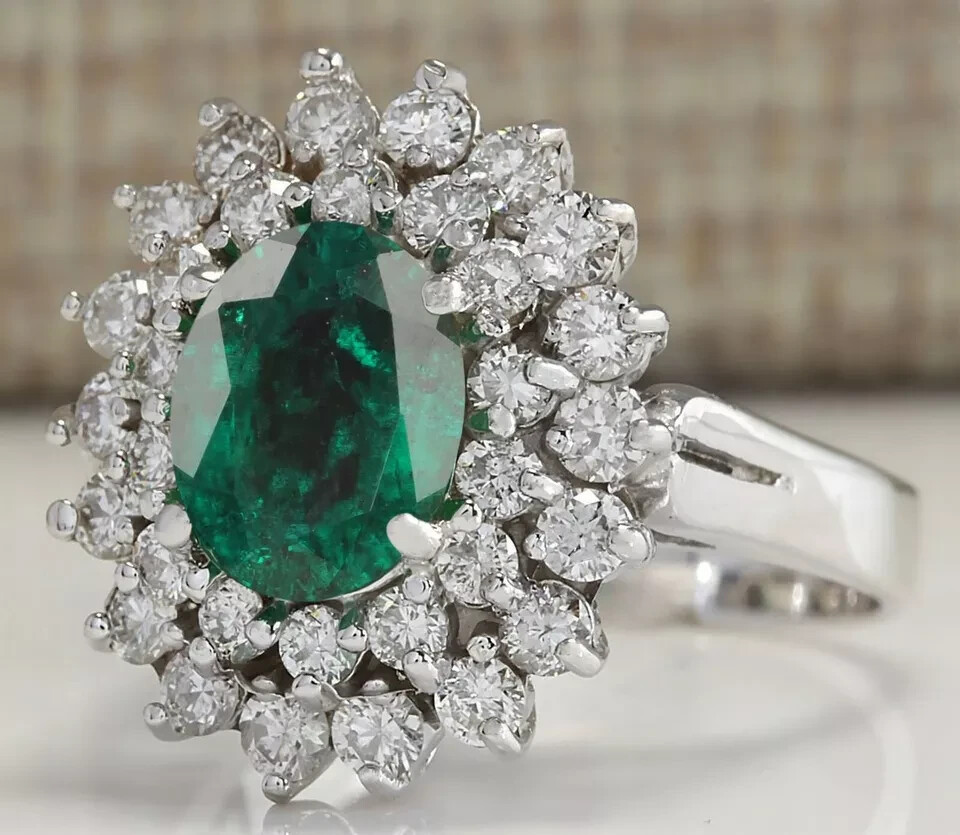 1.70Ct Natural IGL Certified Emerald & Diamond Ring Solid 14K White Gold