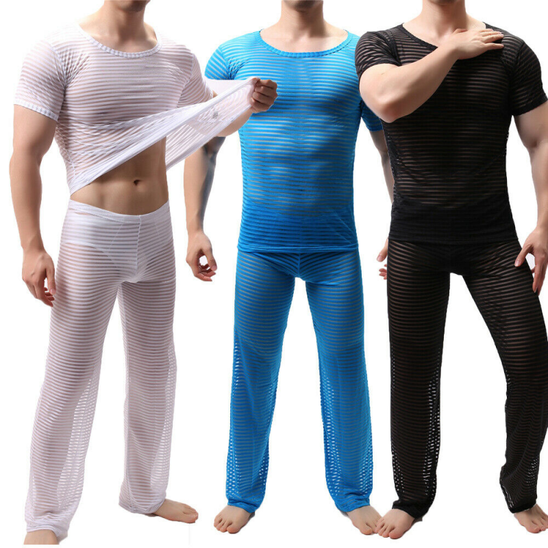 Sexy Men See-through Mesh Tank Top Underwear T-Shirt Long Pants Men Clothes Sets