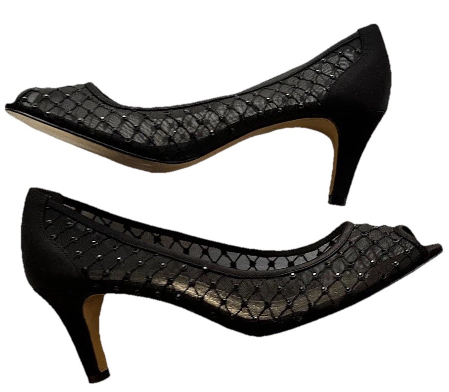Vintage Adrianna Papell Black Bedazzled Peep Toe Heels Women's Size 10