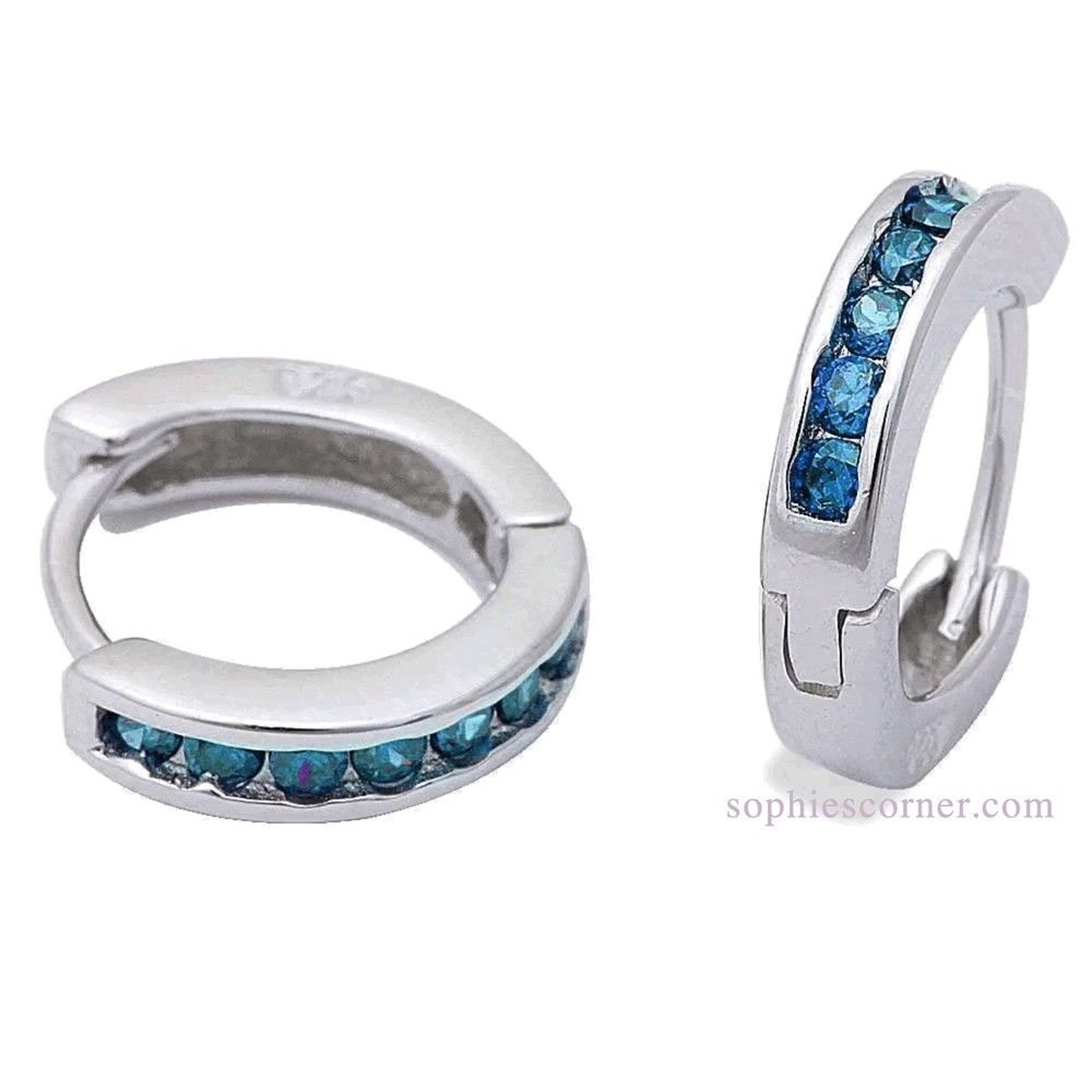 Channel Set Blue Topaz Huggie Hoop Earrings - Solid Sterling Silver