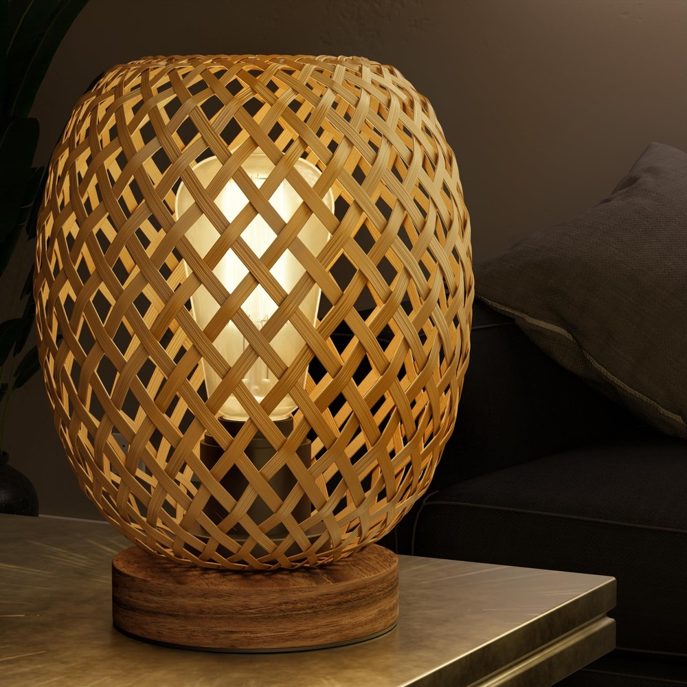 Small Boho Lamp - Coastal Small Rattan Lamp for Nightstands, Natural Mini Wic...