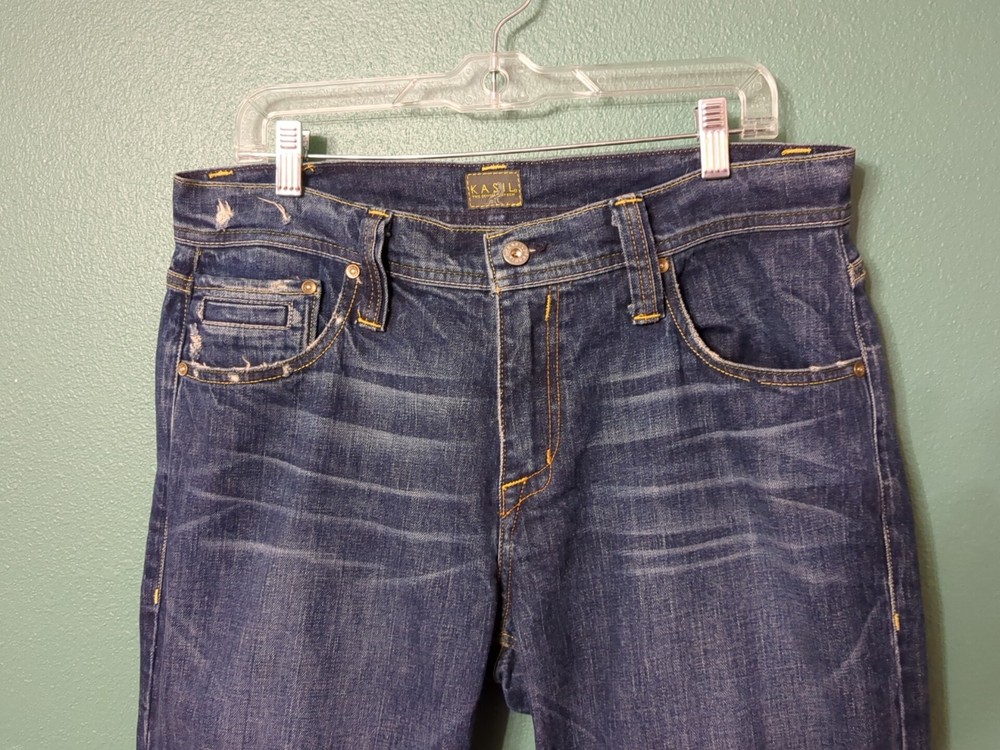 Kasil Jeans Size 33 USA Triumph Mid-Rise Boot Fit Embroidered Whiskered Distressed Denim