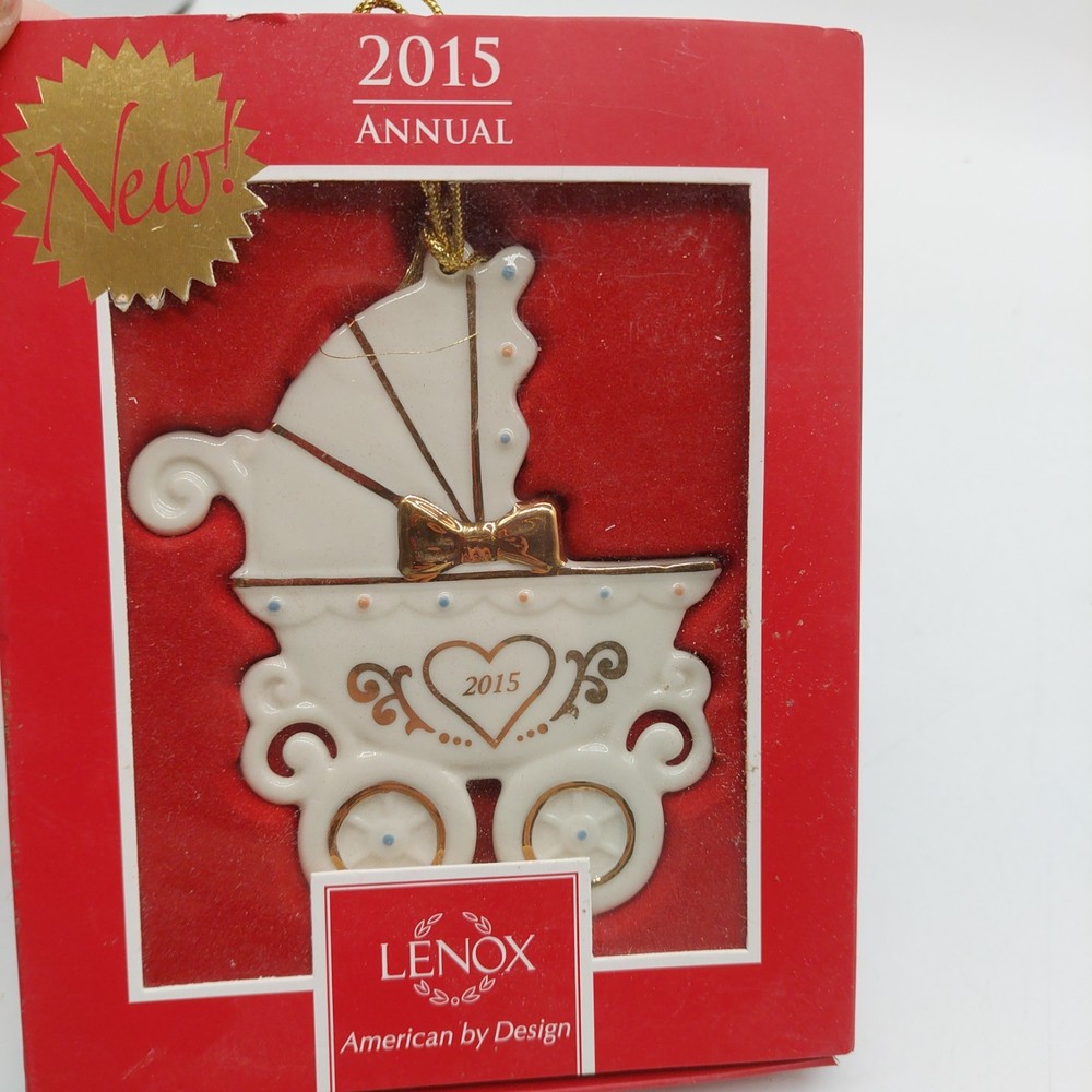 LENOX 2015 BABY's 1st Christmas Baby Carriage Flat Style Ornament White Gold