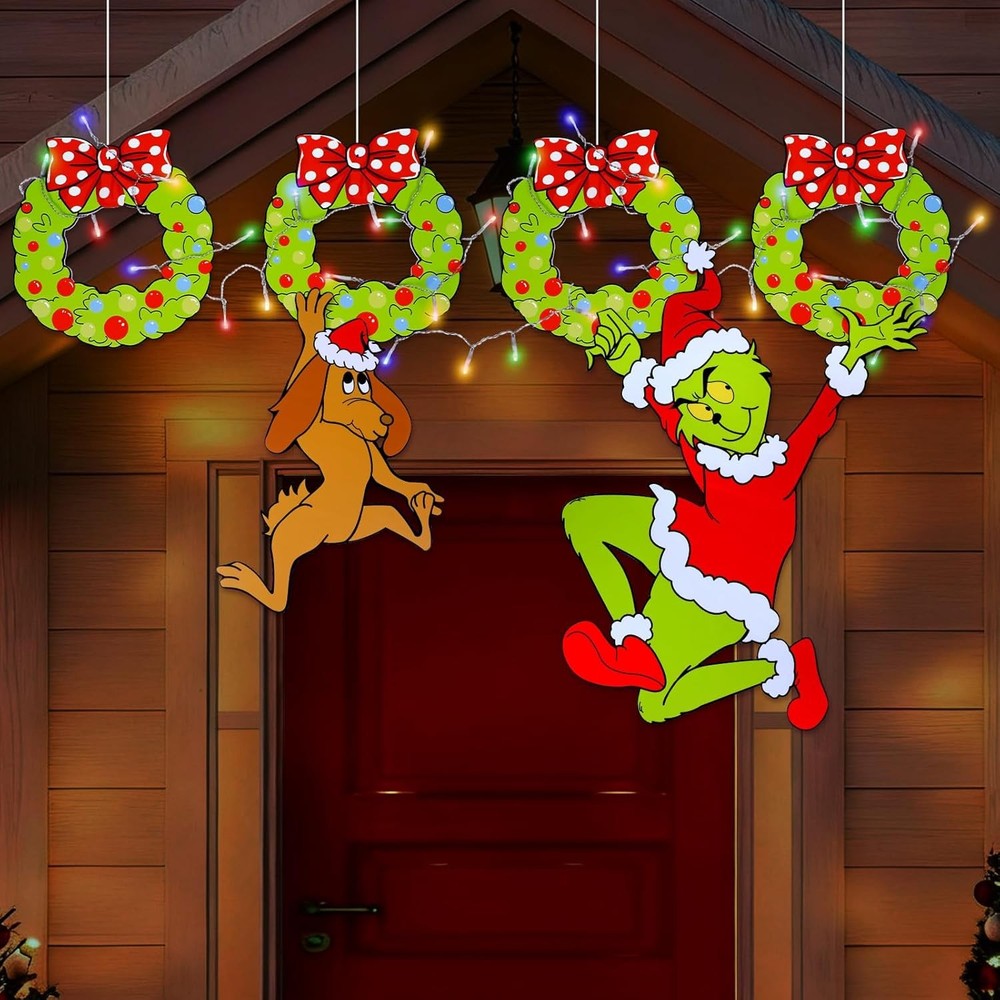 Christmas Decorations Outdoor Grinchi, 6PCS Hanging Xmas Yard Signs for Front Do