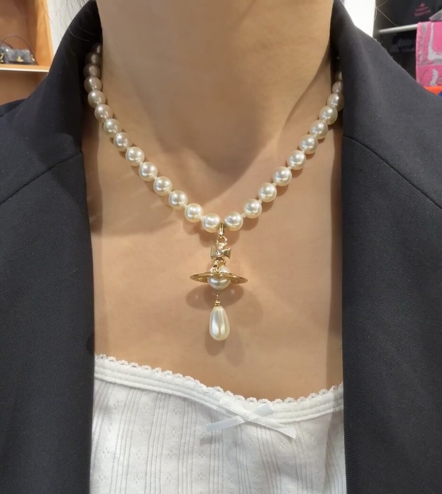 Vivienne Westwood Nana Drop Pearl Necklace Chocker Gold Tone With Box