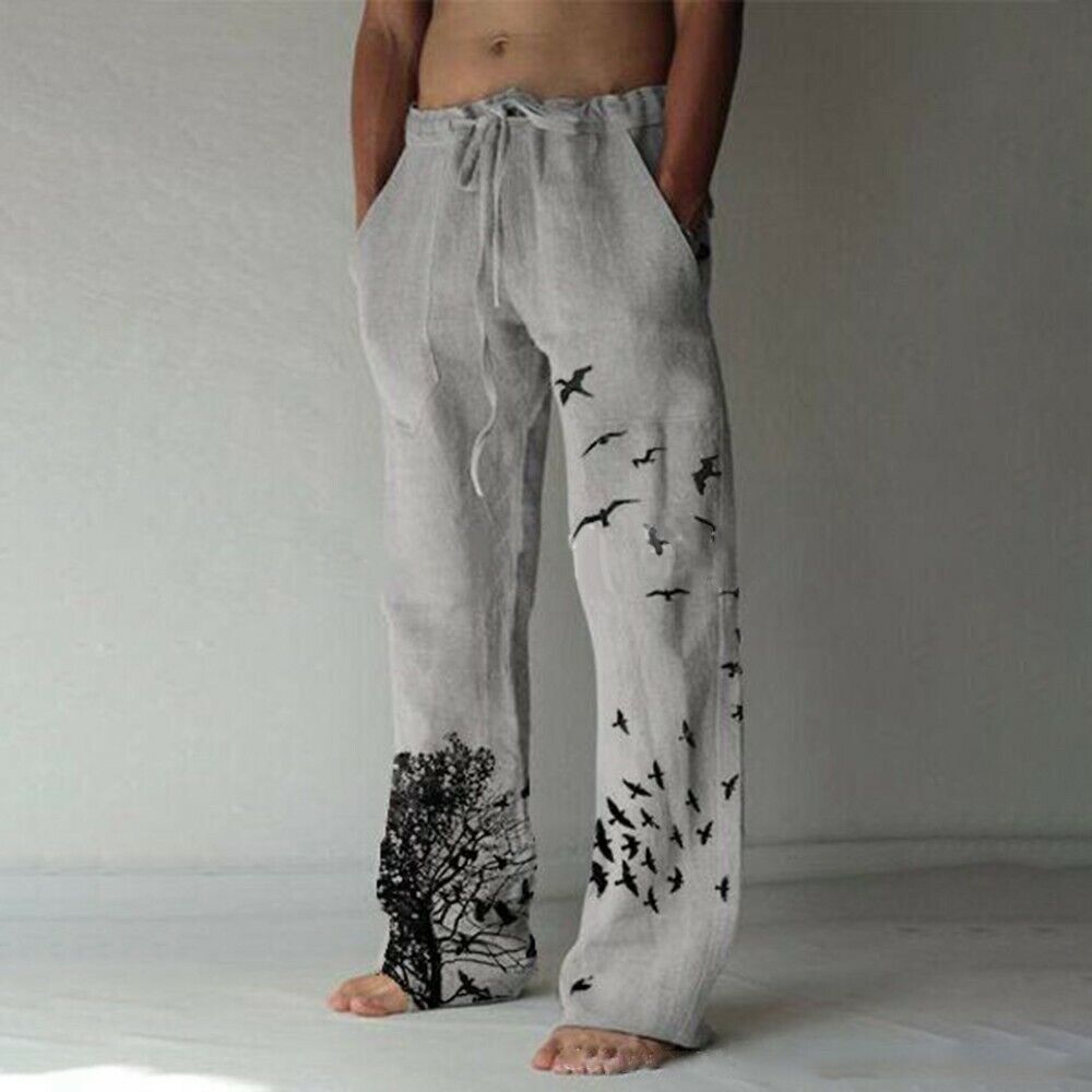 Long Trousers Mens Cotton Linen Loose Pants,Casual Drawstring Beach Yoga-Baggy