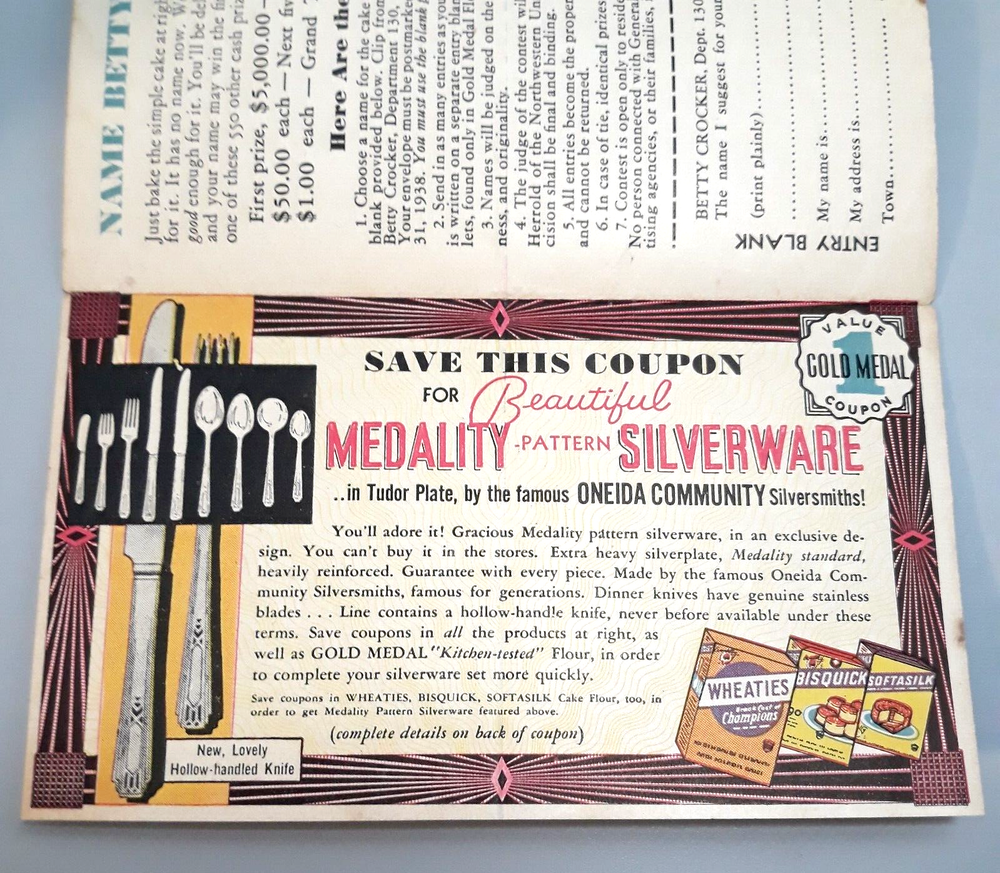 Oneida Medallion Pattern Silverware Gold Medal Coupon 1939 Betty Crocker Recipe-image