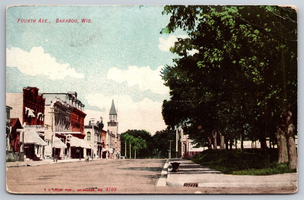 Fourth Ave Stores Church Baraboo WI C1910's Postcard U21