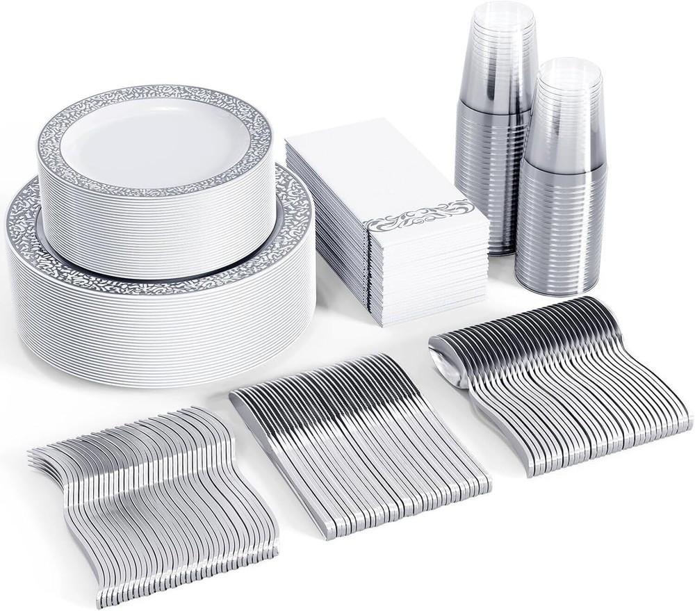 350-Piece Elegant Silver Lace Plastic Dinnerware Set – Perfect for Hosting 50 Guests in Style