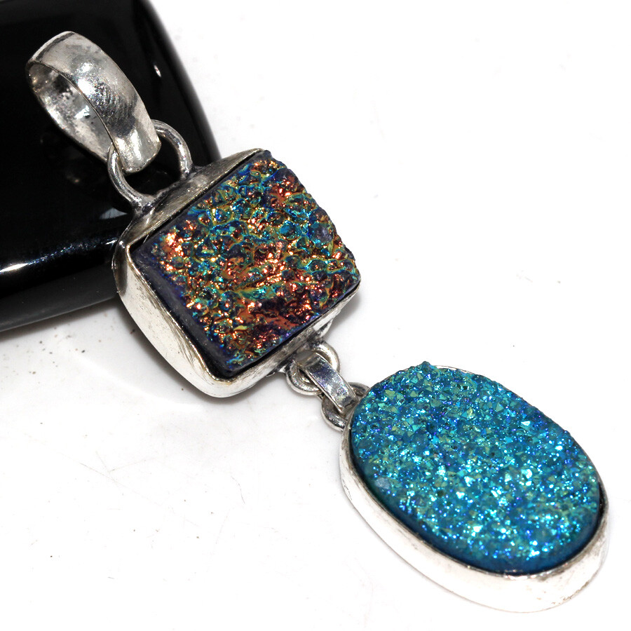 Titanium Druzy 925 Silver Plated Long Gemstone Pendant 2.4