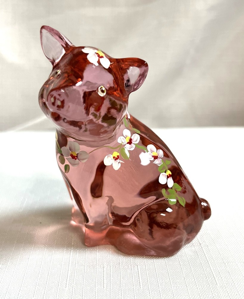Fenton Cerdo Rosa Flores Pintadas a Mano y Firmado por Artista Raro Lenox