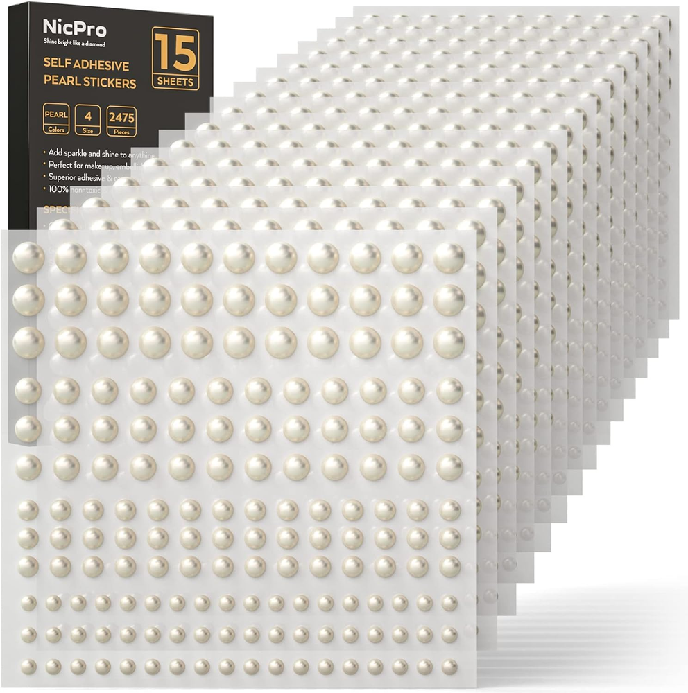 2475 PCS Pearl Stickers Self Adhesive,  4 Size Stick on Makeup Pearl Gem White J
