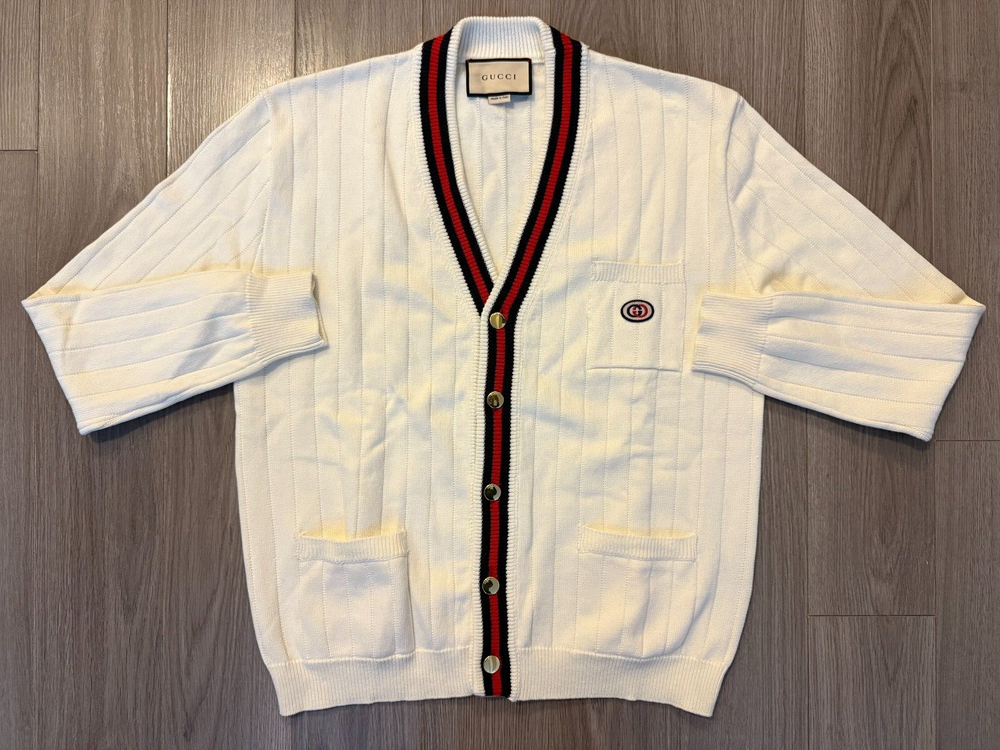 Gucci Ivory V-Neck Cotton Cardigan with Web Detail Size M Slight Defect