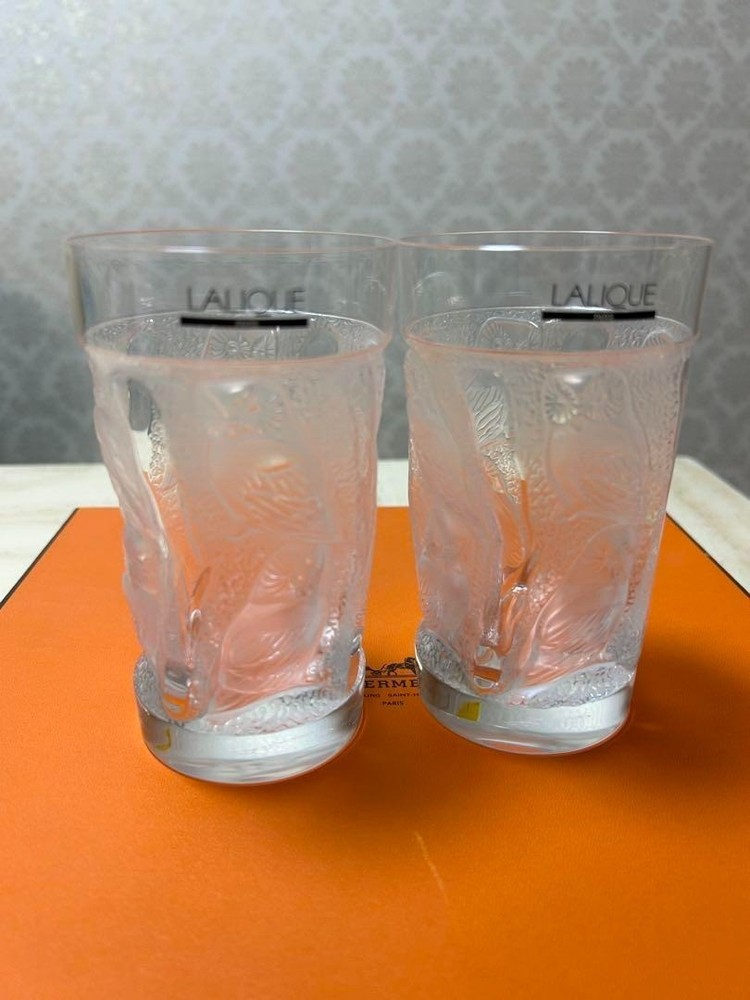 LALIQUE Hulotte Owl Glass Tumbler Set of 2 Glass No Box Used