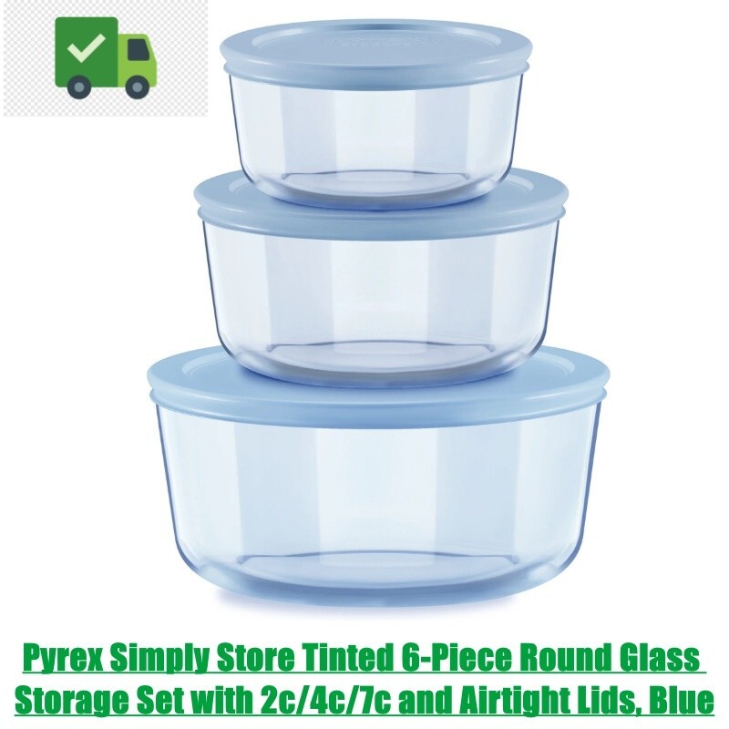 Pyrex 6-Piece Round Tinted Glass Storage Set with 2c 4c 7c Airtight Lids