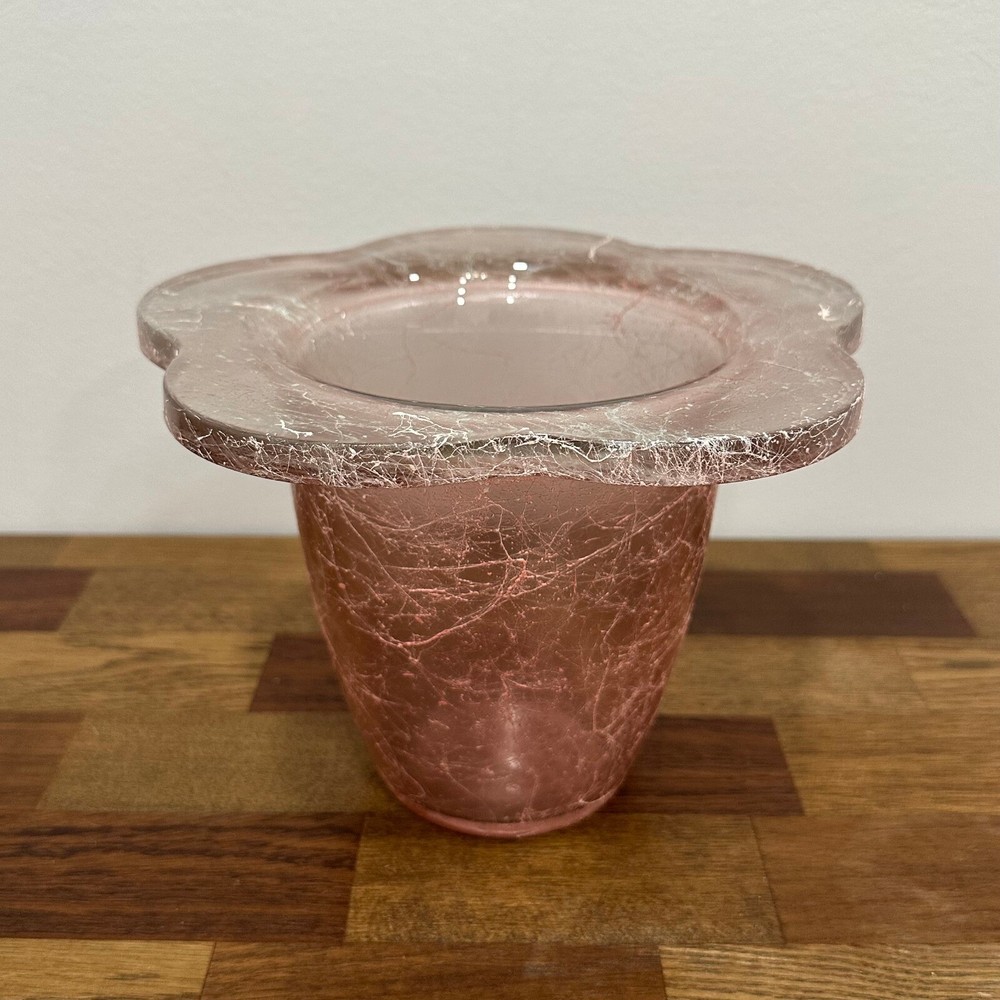 Crackled Pink Threaded Glass Vase 6.5 Inch Tall Floral Bud Vase Decor