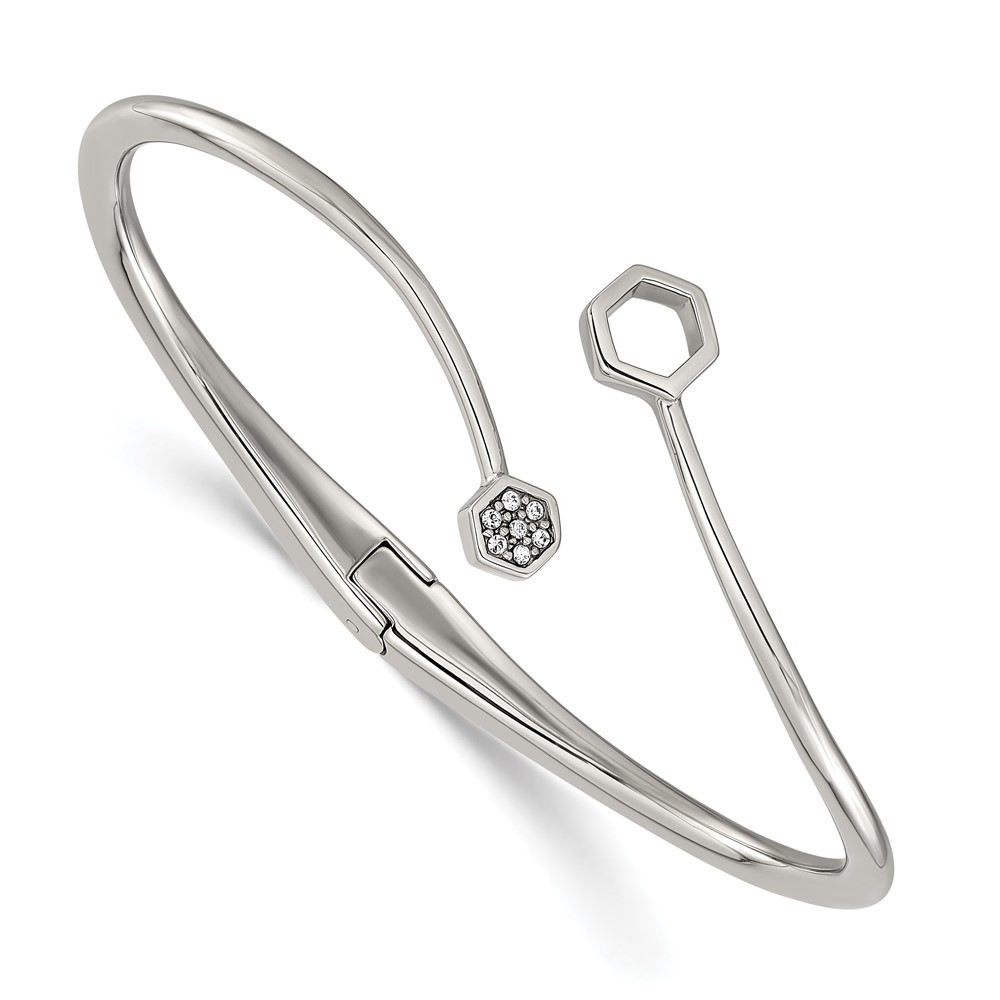 Stainless Steel Polished with Crystals Hinged Cuff Bangle Bracelet 6.75