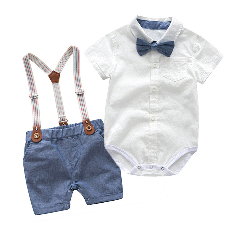 Summer Baby Cotton British Style Gentleman Suit Romper Overalls Two-piece Set
