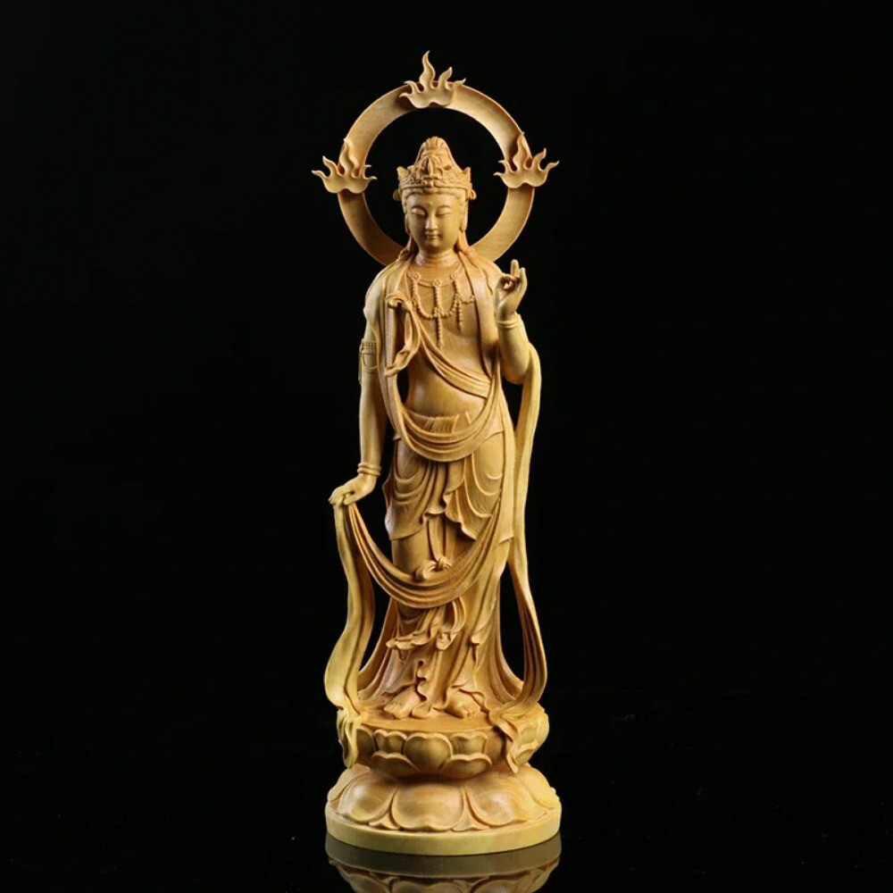 23CM Hand-Carved Boxwood Buddha Statue Wooden Home Decor Craft