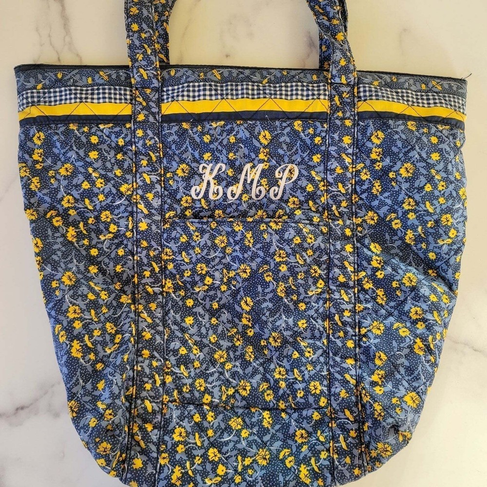 Floral quilted fabric tote bag for crafts medium size blue yellow purse material