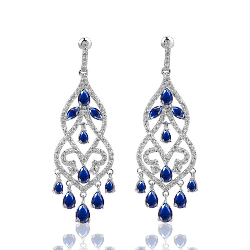 Women Elegant Silver Plated Zircon Long Chandelier Drop Earrings Wedding Jewelry