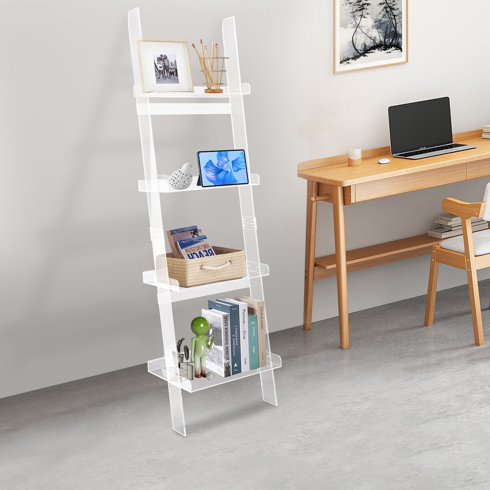 4-Tier Acrylic Ladder Bookshelf – Freestanding 52x183cm Bookcase