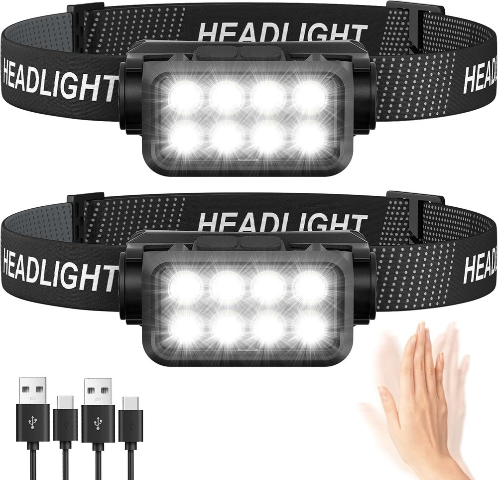 2-Pack Rechargeable LED Headlamp Flashlight 8 LEDs 2500 Lumen Ultra-Light Black