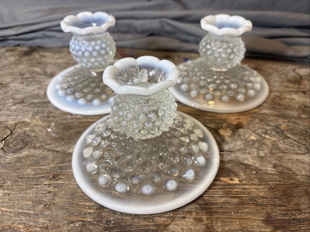 3 Vtg Fenton Hobnail Ruffled Opalescent Moonstone Glass Candlesticks Holders
