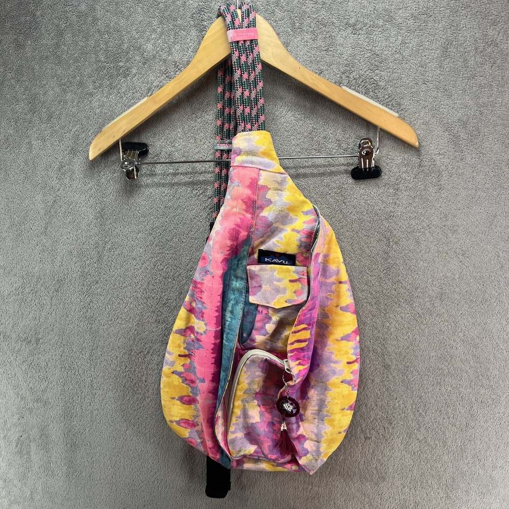 KAVU Crossbody Rope Sling Bag Surf Tie Dye Cotton Padded Back Logo Hiking Camp