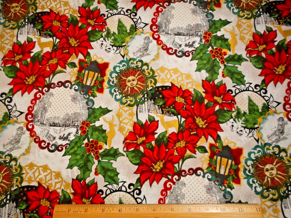Christmas Fabric By Yard Magic of Winter Snow Poinsettia Met Gold Cotton #5 #C