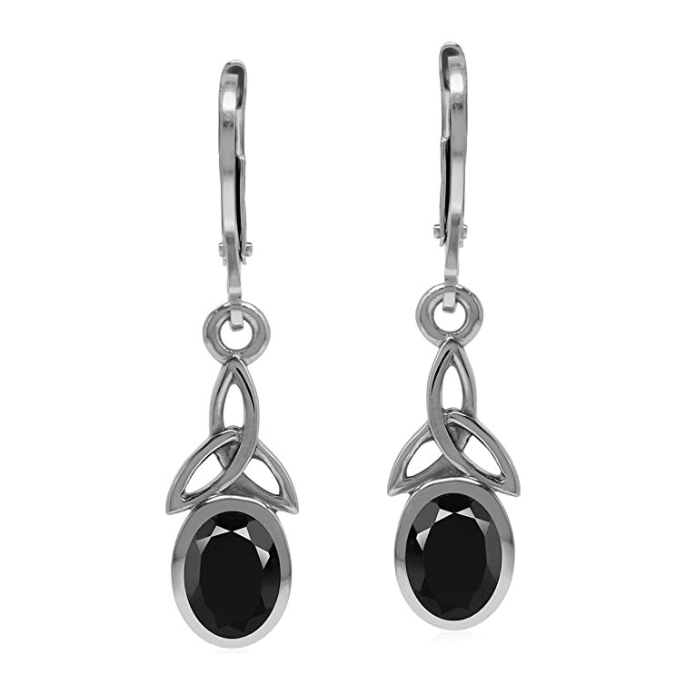 Black Onyx 7x5 mm 925 Sterling Silver Triquetra Knot Women Leverback Earrings