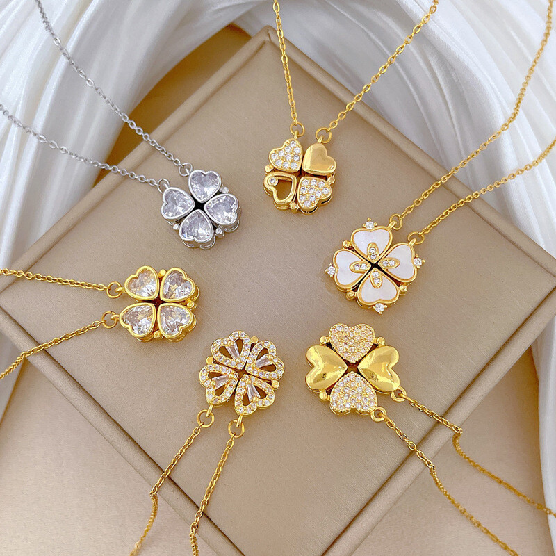 925 Sterling Silver Plated Four Leaf Clover Heart Pendant CZ Chain Necklace S2