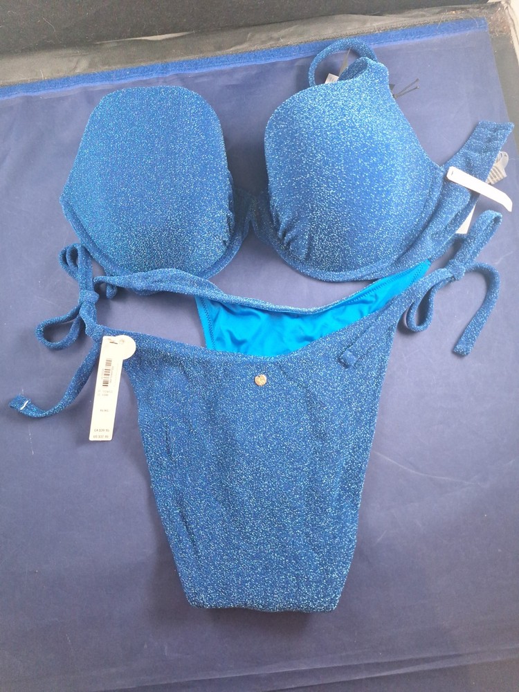 NWT Victoria Secret 34DD Push Up Bikini Top Shimmer Blue XL Bottom *15FB