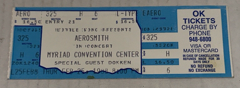 2/25/88 Aerosmith Concert Music Event Full Ticket Stub Oklahoma City OKC Show