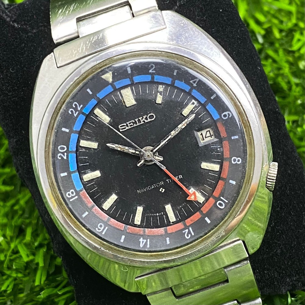 Rare SEIKO Automatic 6117-6410 Navigator Timer GMT Black DIal Watch Men Vintage