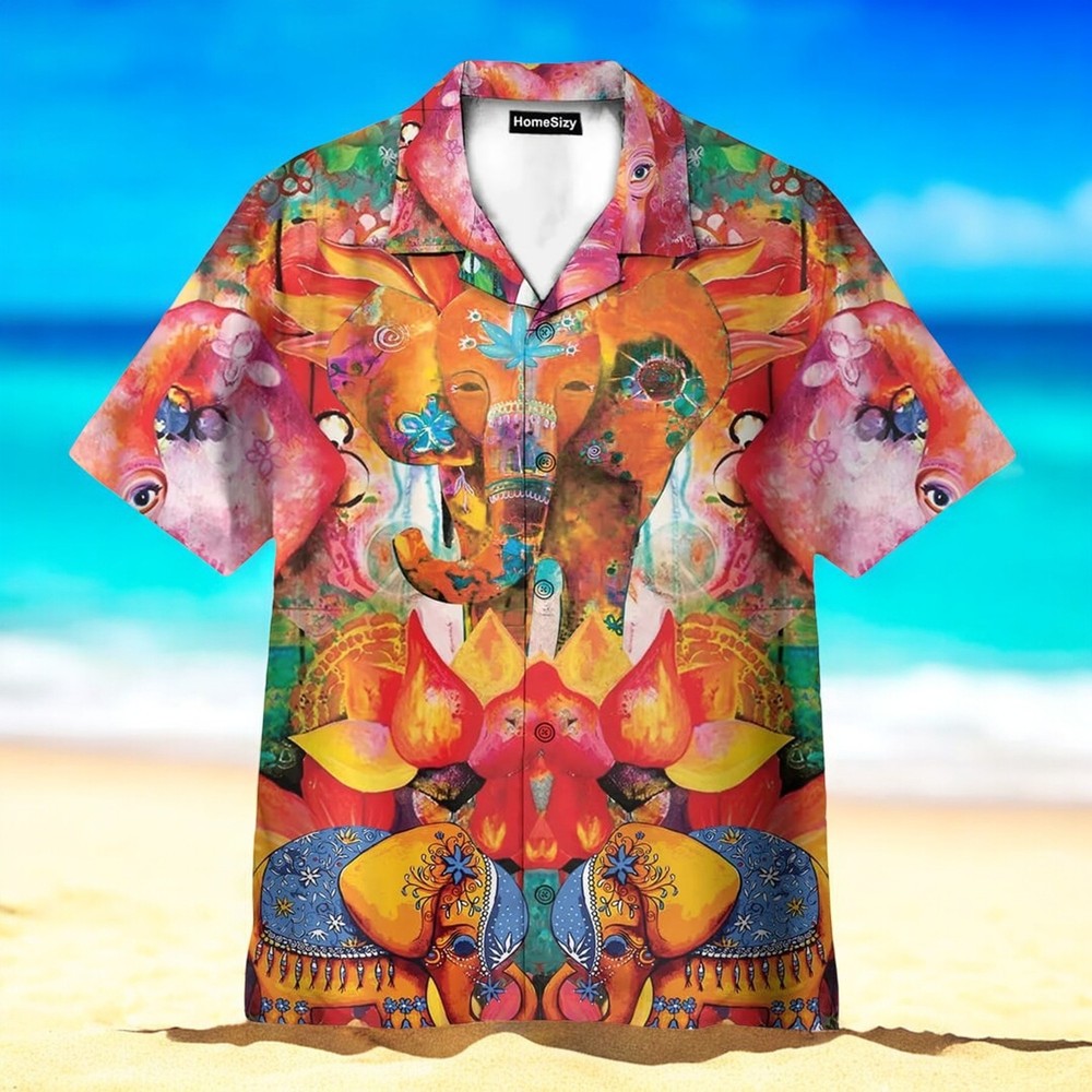 Abstract Elephant India Style Colorful Hawaiian Shirt for Men US Size