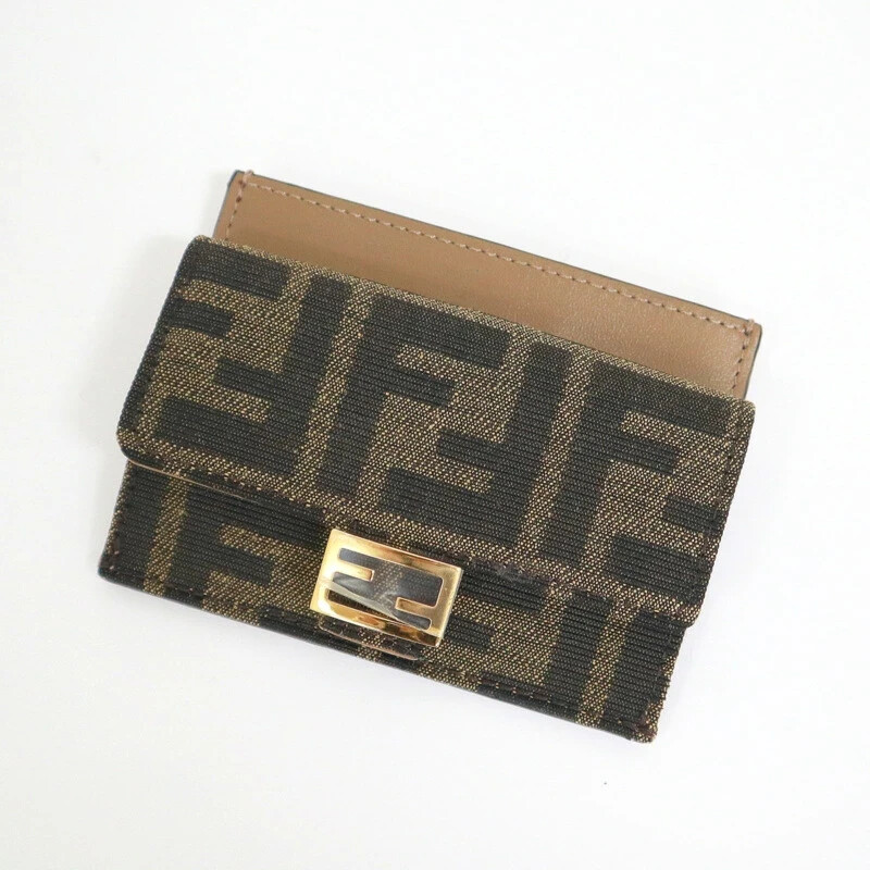 Authentic FENDI Baguette Card Case in Khaki Beige FF Logo Zucca Canvas Leather