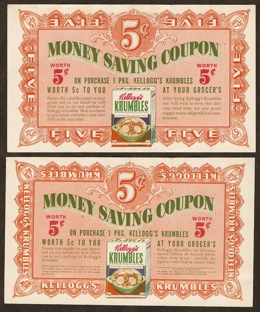 1941 Kellogg's Krumbles Cereal 5c Off Coupon with Color Box Art Vintage Advertising-image