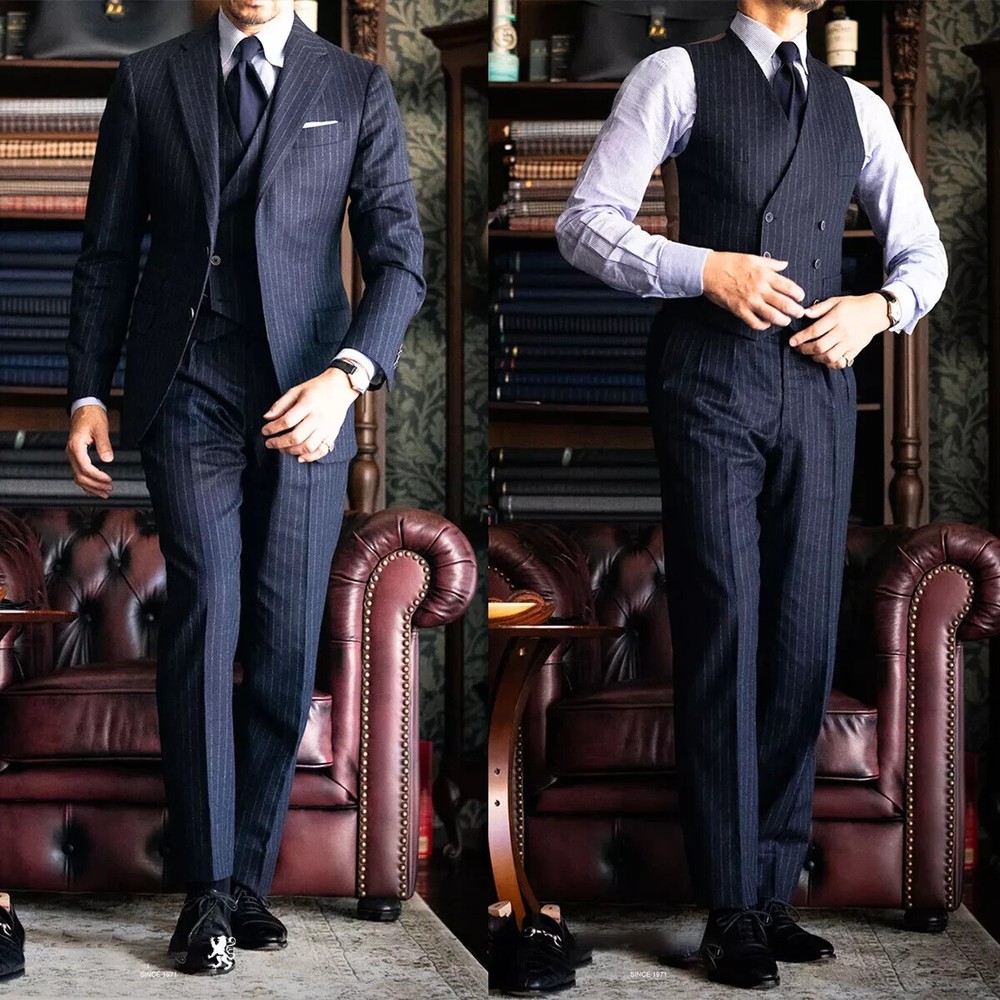 Navy Striped 3-Piece Slim Fit Suit Set for Men Business Wedding Party